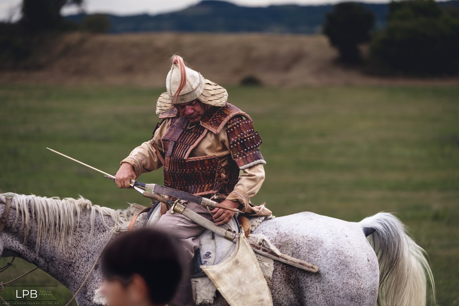 A rider nocking an arrow, plumed helmet, looking down at the bow